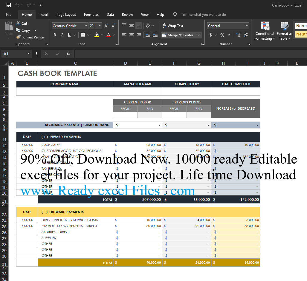 Cash, Book, Ready, Excel Template