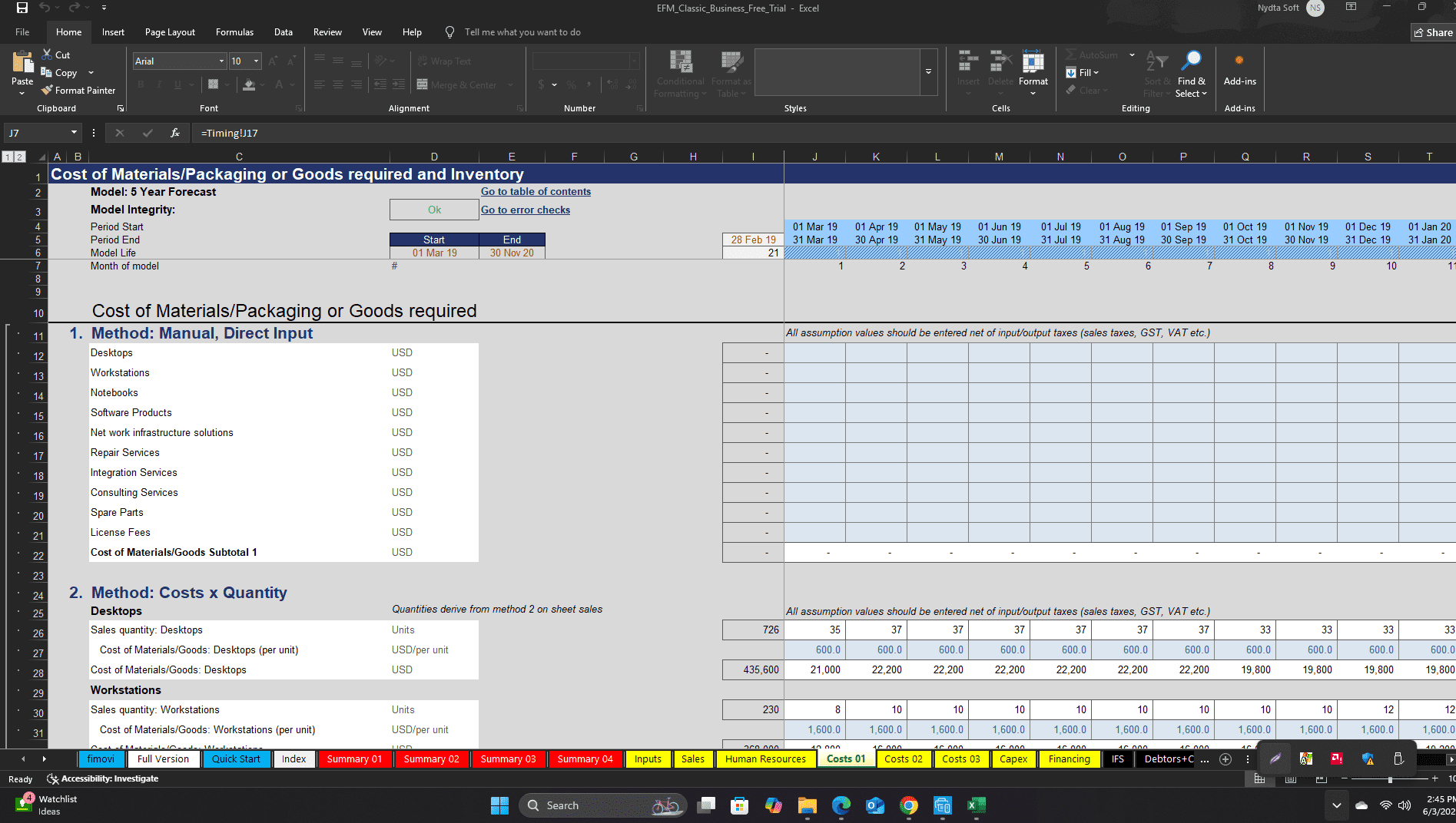 cost of materials, ready excel file